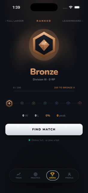 The ranked Arena: a Bronze shield, RP progress toward the next division, and a FIND MATCH button